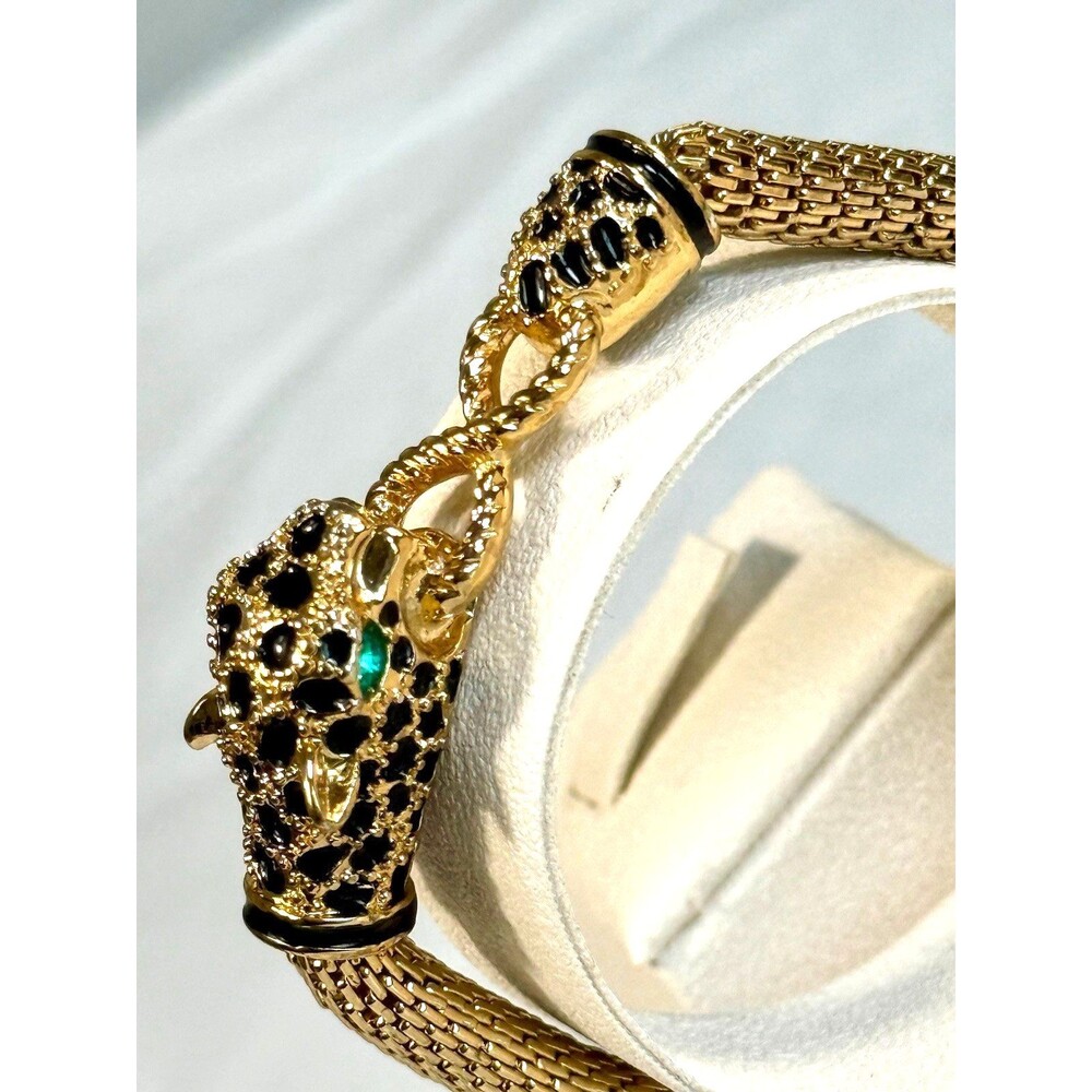 Vintage Double Leopard Panther Mesh Bracelet Green Eyes Gold Tone Statement